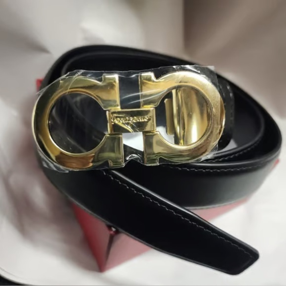 Salvatore Ferragamo Black Gold Gancini Leather Belt - Picture 1 of 6